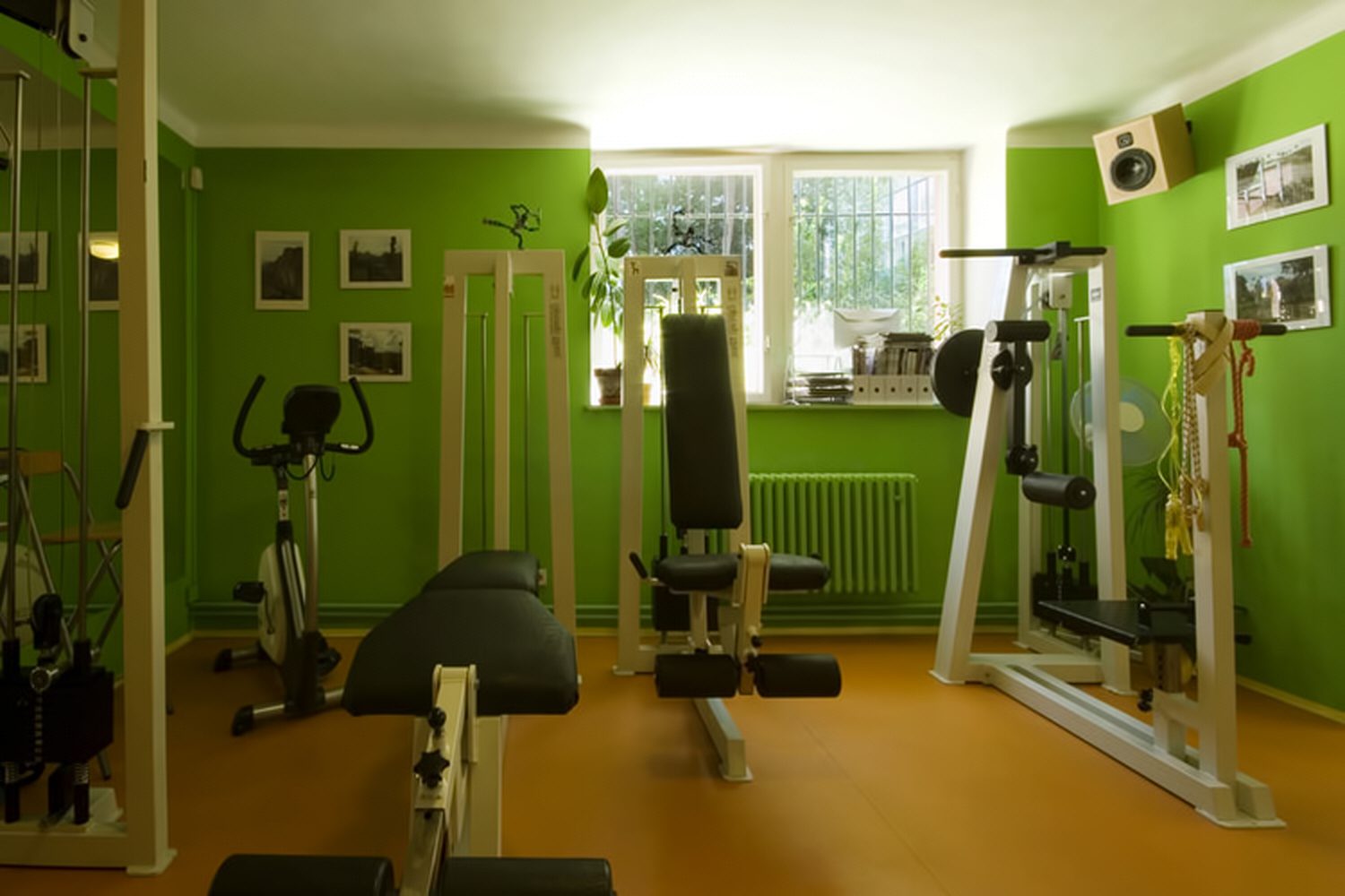 Interiér posilovny F & FIT CLUB – cvičební stroje a lavice u okna